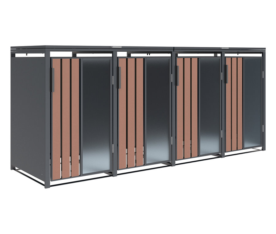 Reihe grauer Außenschränke mit braunen Holzakzenten und vertikalen Griffen.