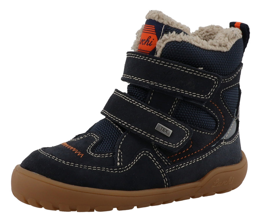Ein marineblauer LURCHI »Juppy Barefoot-TEX« Winterstiefel für Kinder mit brauner Sohle und Klettverschluss.