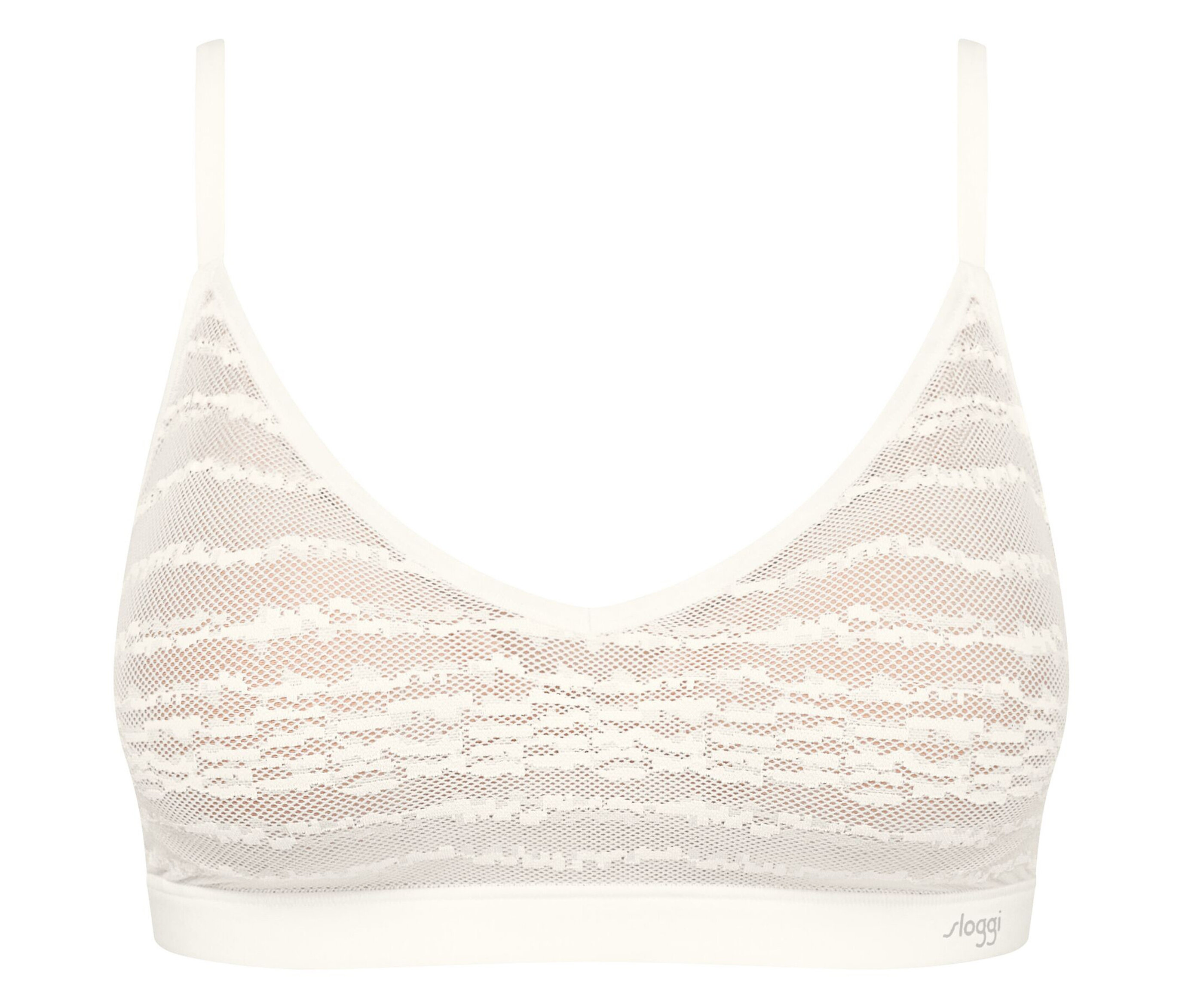 Detailaufnahme eines weißen Spitzen-BHs mit dünnen Trägern.