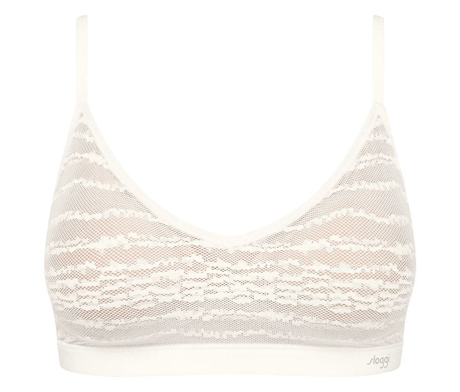 Detailaufnahme eines weißen Spitzen-BHs mit dünnen Trägern.