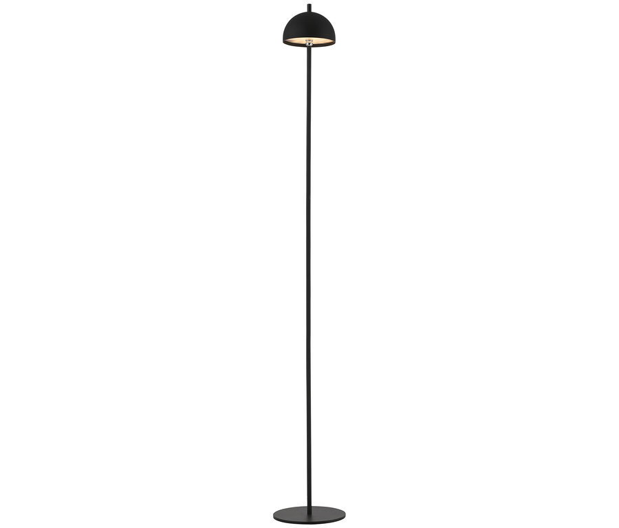 Eine schwarze Stehlampe mit rundem Schirm vor einem weißen Hintergrund.