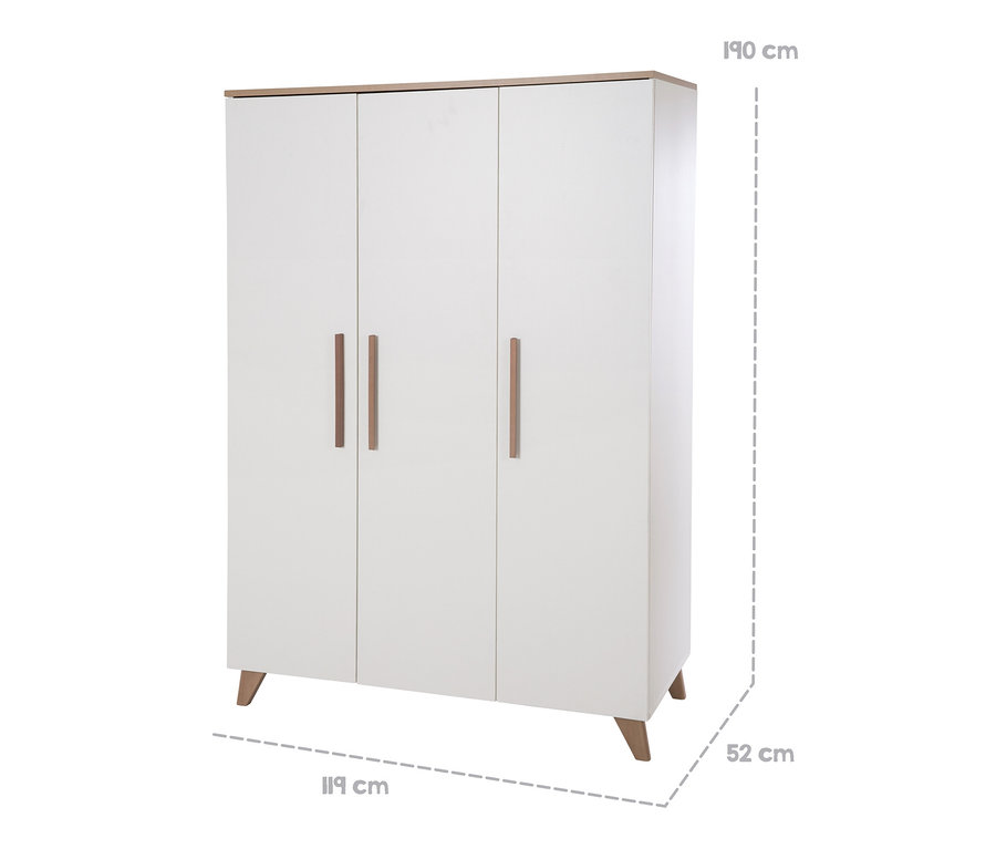 Weißer dreitüriger Kleiderschrank mit hellbraunen Akzenten und Maßangaben.