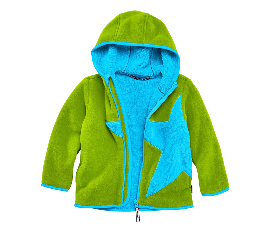 Grüne Jako-O Kuschelfleecejacke mit Kapuze und blauen Akzenten.