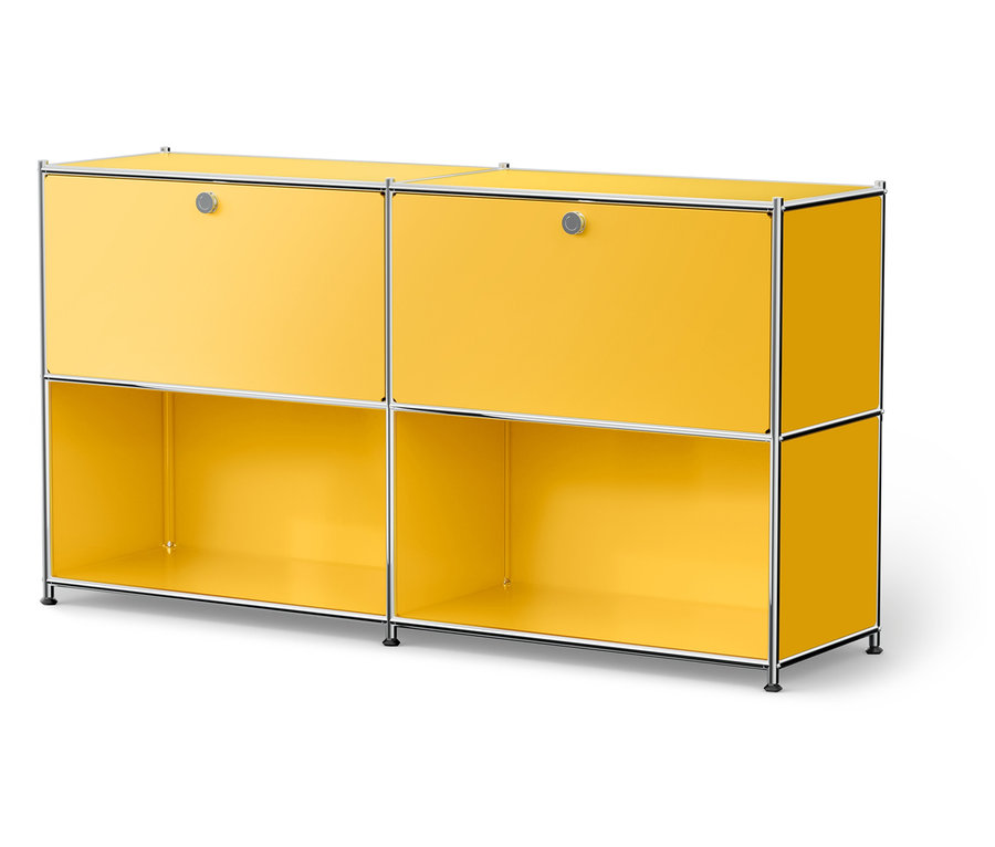 Gelbes modulares Regal mit silbernem Rahmen und schwarzen Füßen.