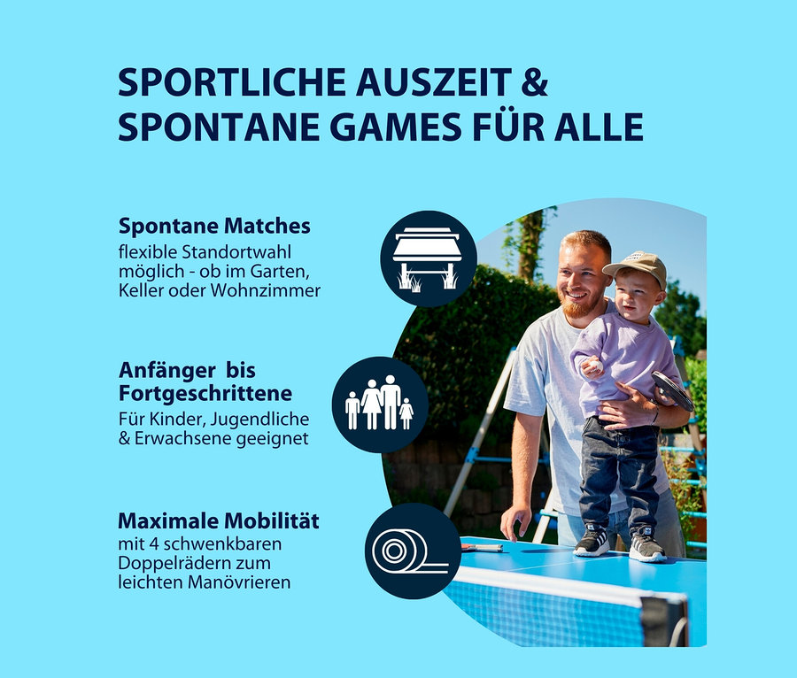 Mann hält Kind an blauem Tischtennistisch. HUDORA Tischtennisplatte »Game«.