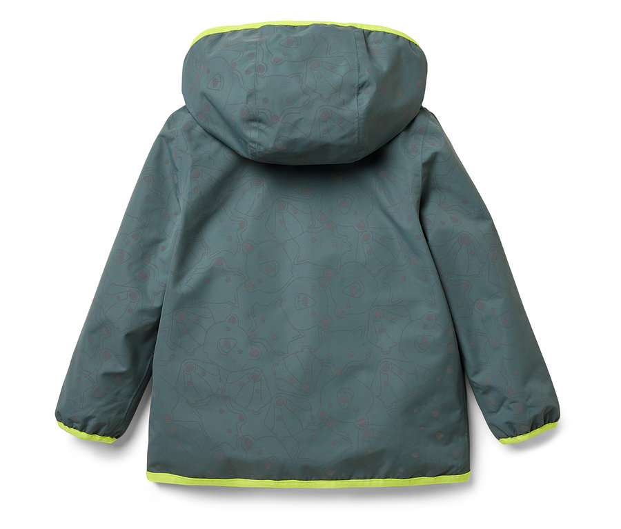 Rückansicht einer grünen Kapuzenjacke mit Bärenmuster und neon gelber Bordüre.