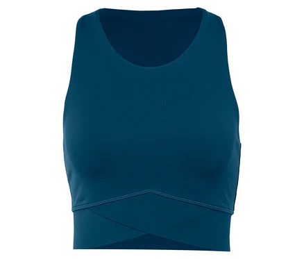 Ein blauer Sport-BH mit gekreuzten Details am unteren Saum.
