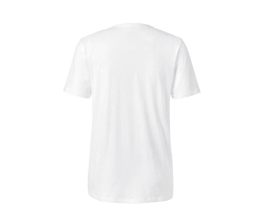 Detailansicht von hinten eines weißen 2 T-Shirts mit Rundhalsausschnitt.