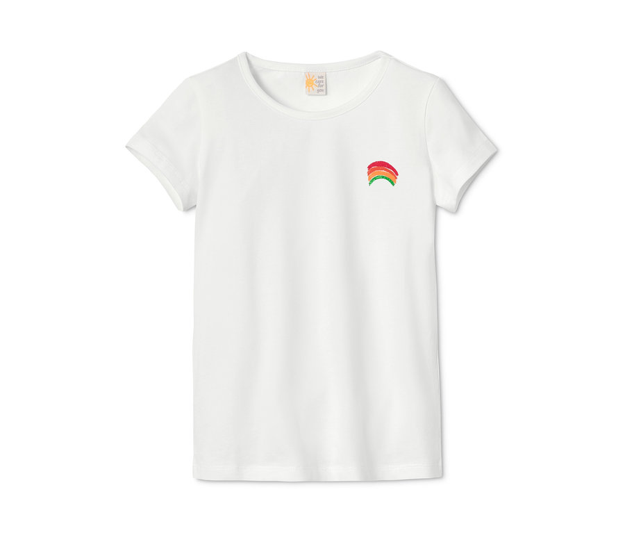 Weißes T-Shirt aus Bio-Baumwolle mit Regenbogen.