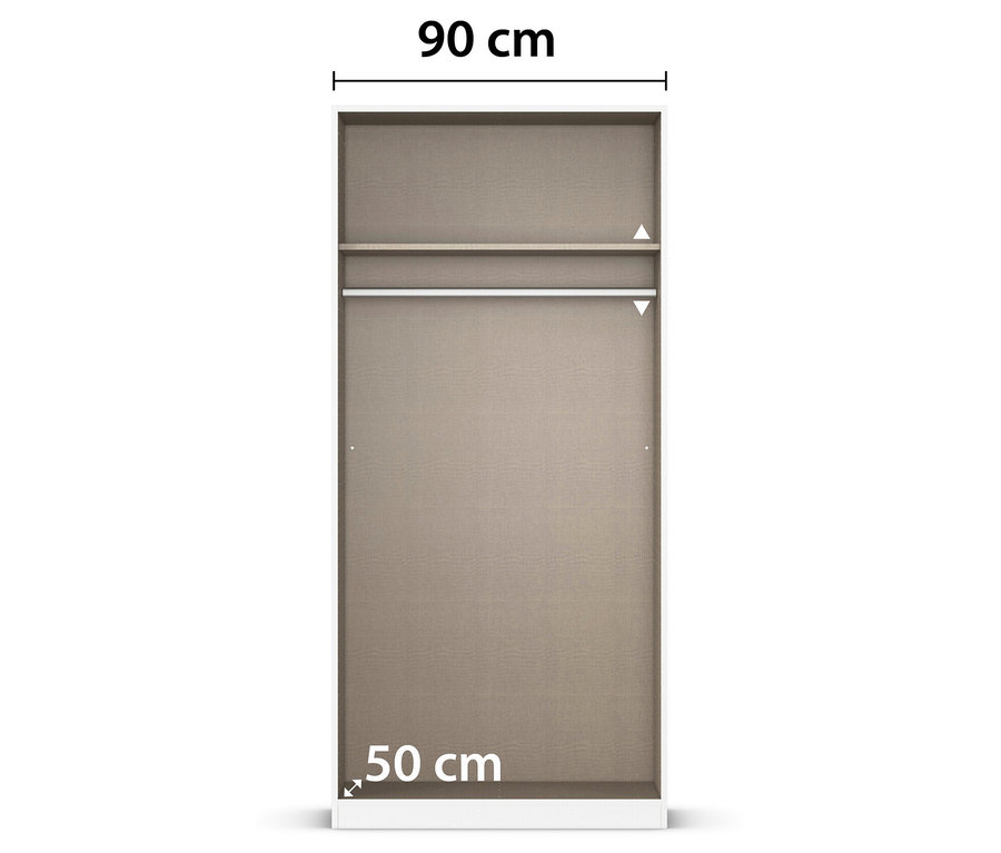 Ein grauer Schrank mit einem Regal oben und einer Kleiderstange darunter. Der Schrank ist 90 cm breit und 50 cm tief.