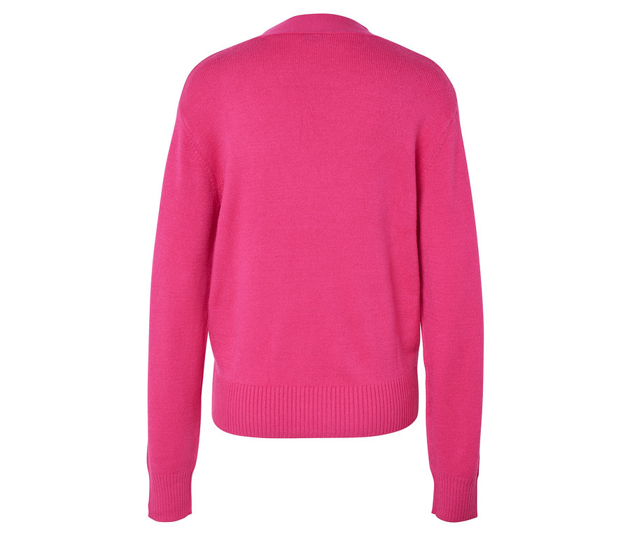 Rückansicht eines pinkfarbenen Langarmpullovers.