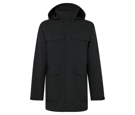 Schwarze Kapuzenjacke mit Taschen.