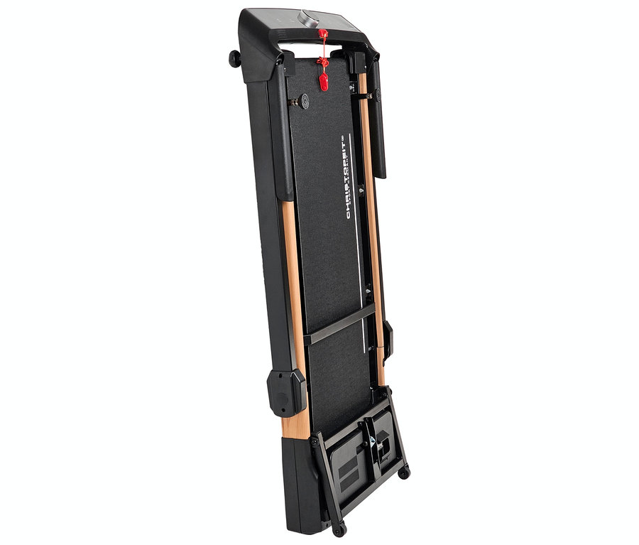 Zusammengeklapptes Laufband 2 in 1 in Holzoptik steht aufrecht.