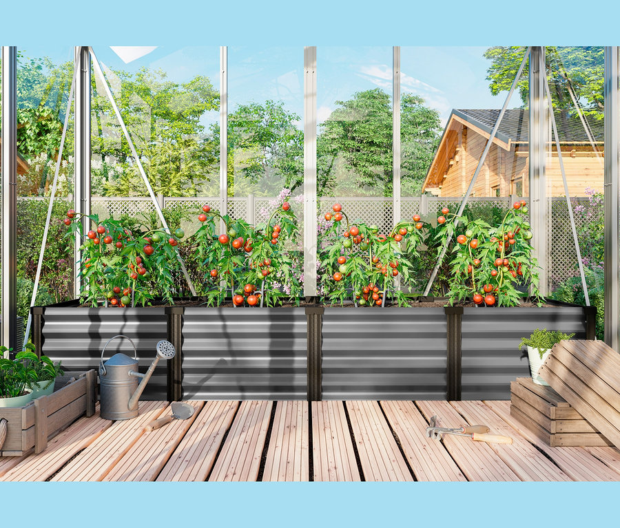 Gemüsegarten mit Vitavia Hochbeet 401 mit erhöhter Arbeitsfläche, L und Tomatenpflanzen.