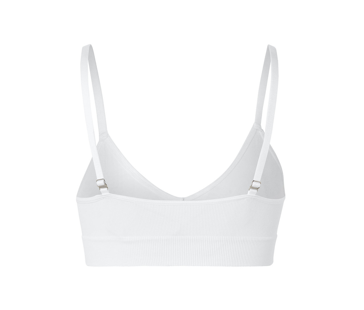 Detailansicht eines weißen Seamless-Bustiers mit Rippstruktur.