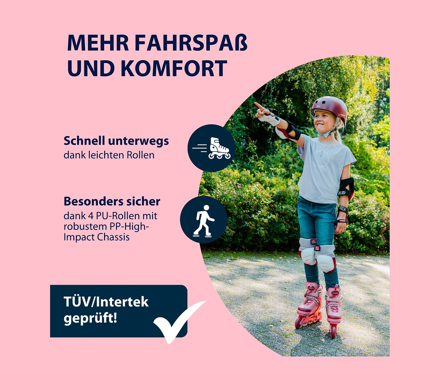 Mädchen auf HUDORA Inline Skates »Mia 2.0« mit Schützern und Helm zeigt im Freien.