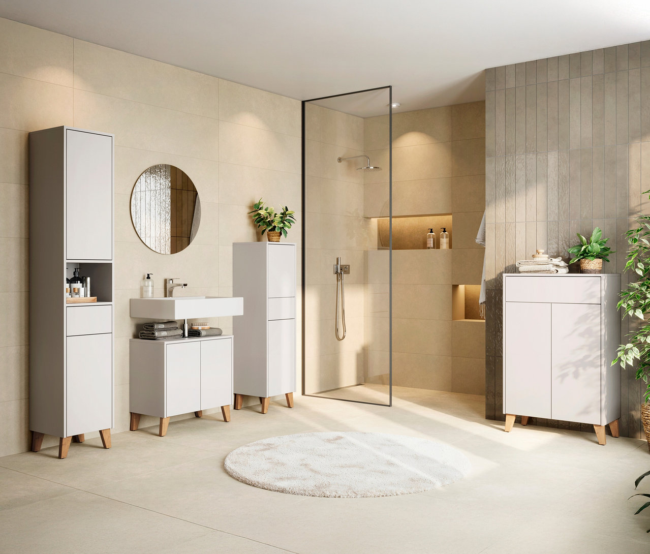 Badezimmer mit Dusche, Waschbecken mit Spiegel, weißen Schränken und rundem Teppich.