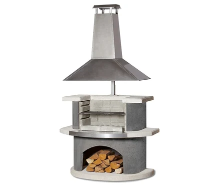 Buschbeck Premium Grillkamin »Zürich« inklusive Wetterschutzhaube aus Stein und Metall mit Holzscheiten im unteren Bereich.