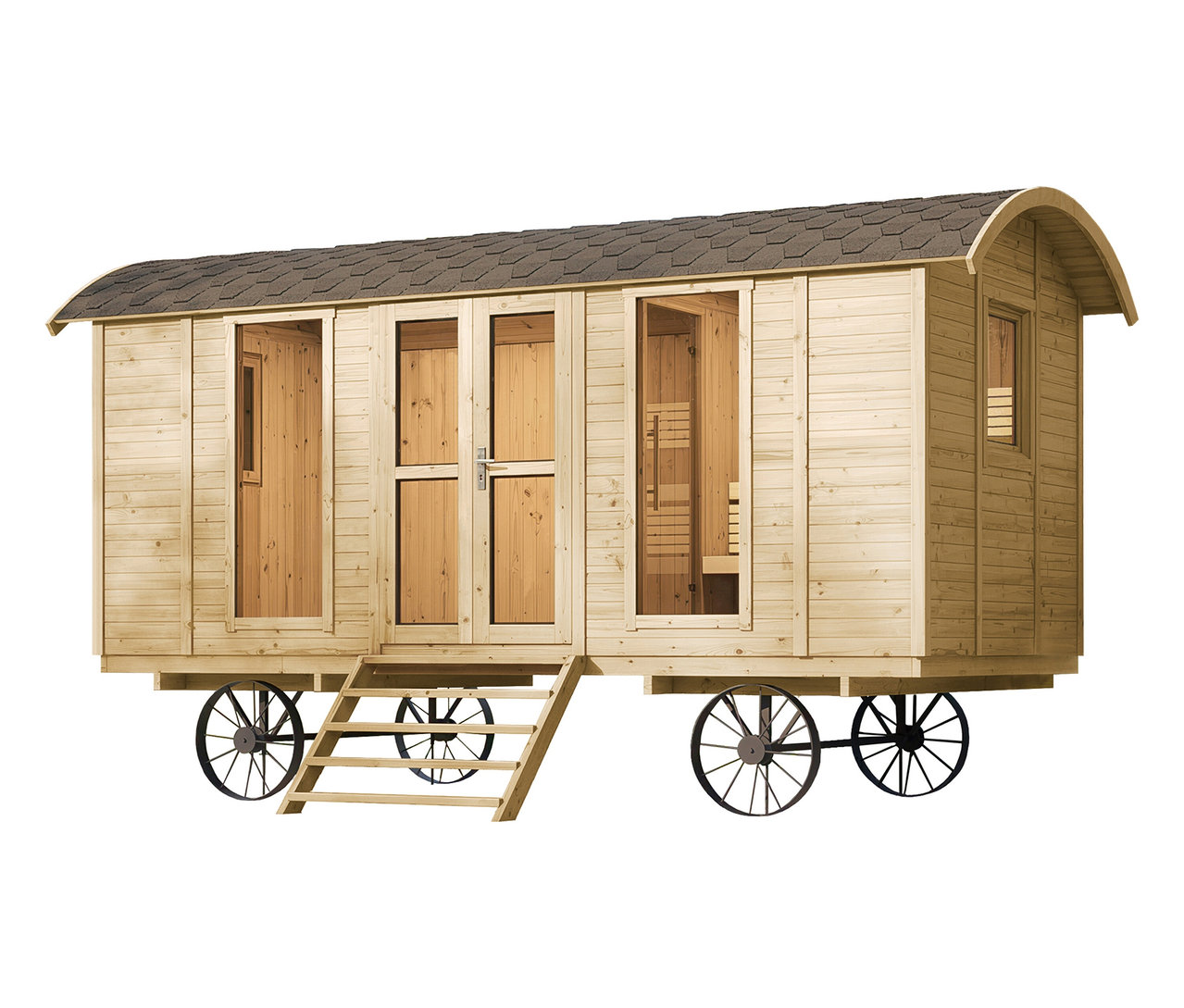 Holzwagen mit braunem Dach und schwarzen Rädern.