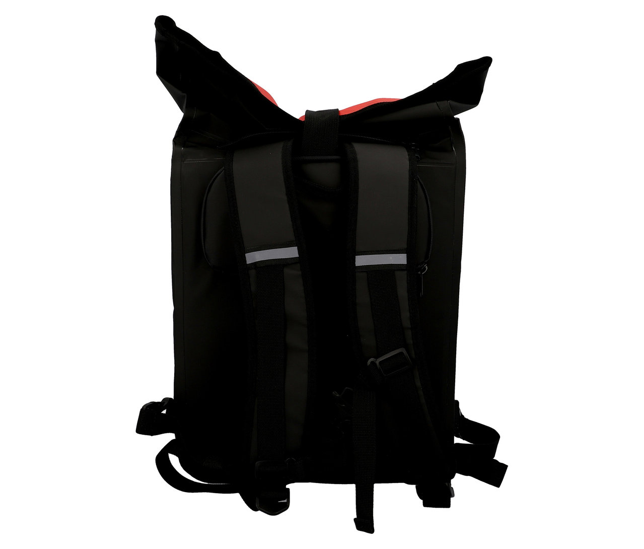 Schwarze FISCHER wasserdichte Gepäckträgertasche von hinten mit Trägern und Reflektoren.