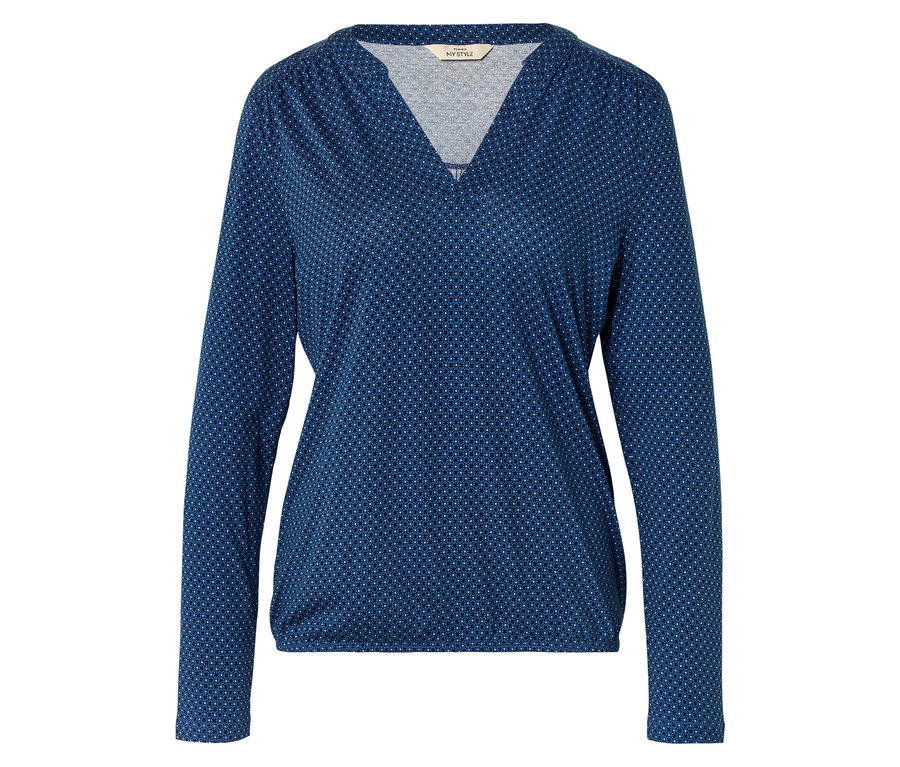 Dunkelblaues Langarmshirt mit kleinem Punktmuster.