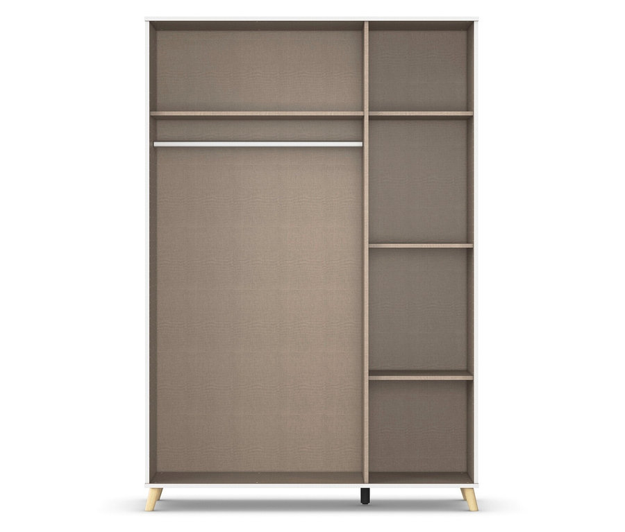 Ein brauner Schrank mit einem Regal und einer Stange.