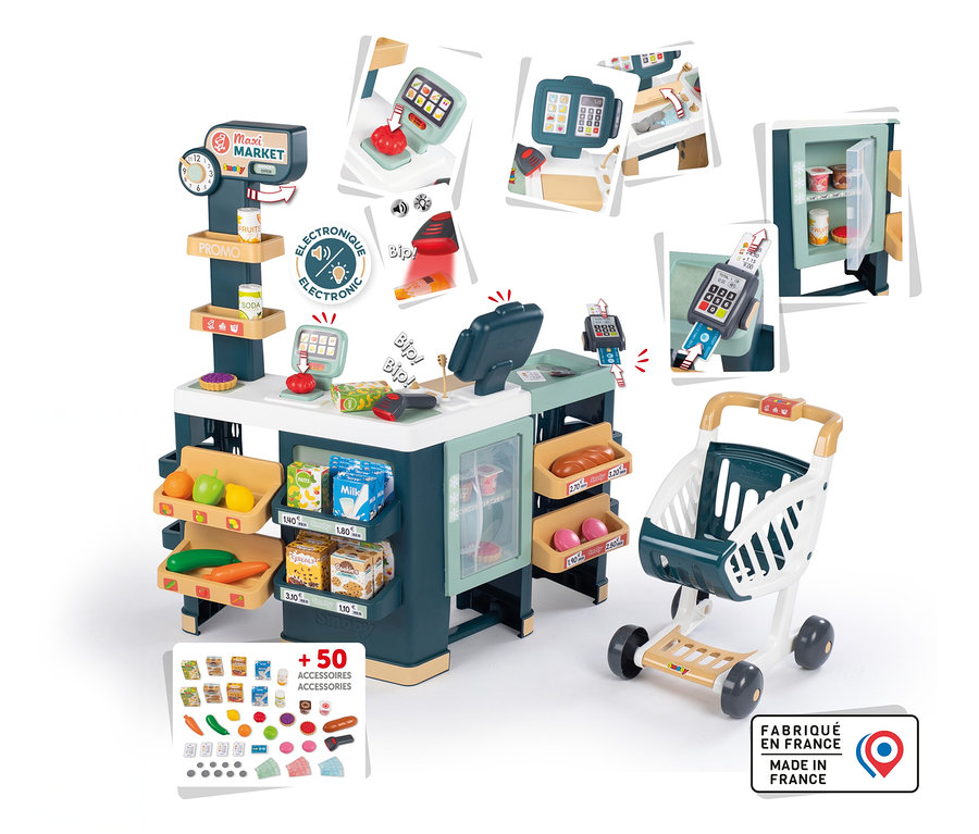 Smoby Supermarkt »Maxi« mit Einkaufswagen und verschiedenen Spielprodukten.