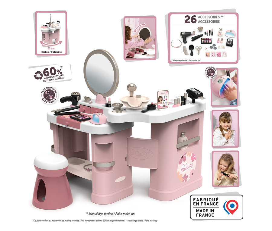 Das Smoby My Beauty Center Kosmetikstudio in Rosa und Weiß mit Hocker und Zubehör.