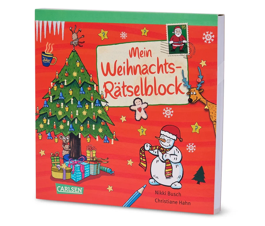 Illustration eines roten Covers des 'Mein Weihnachts-Rätselblock' mit Weihnachtsbaum, Schneemann und Rentier.