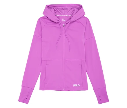 Lila FILA Damen-Funktionsjacke mit Kapuze, Reißverschluss und Taschen.