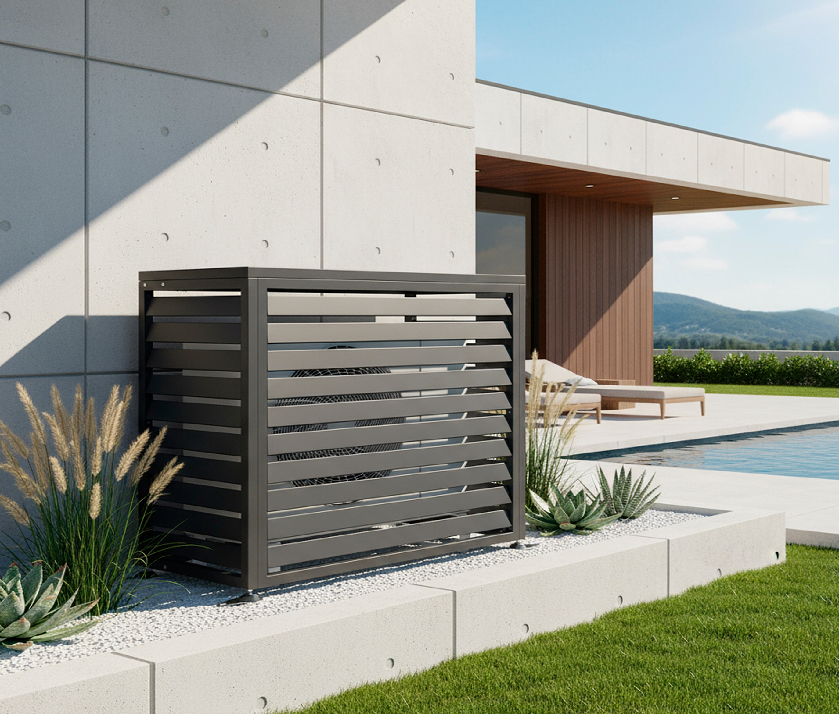 Eine graue Klimaanlagenabdeckung steht neben einem modernen Haus mit Pool.
