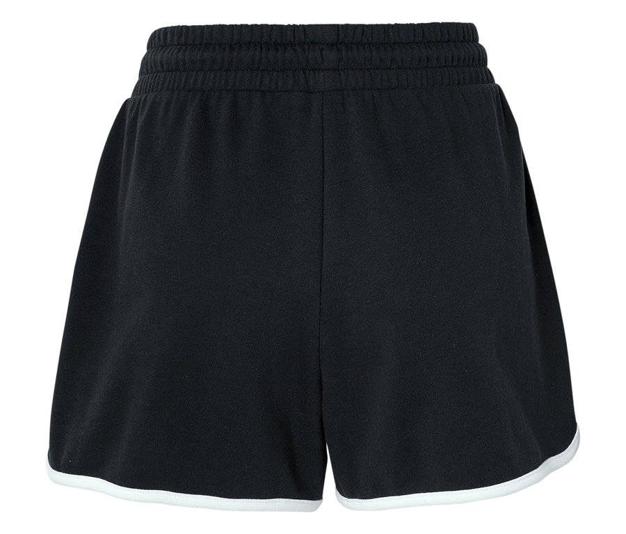 Schwarze Shorts mit weißem Saum und elastischem Bund.