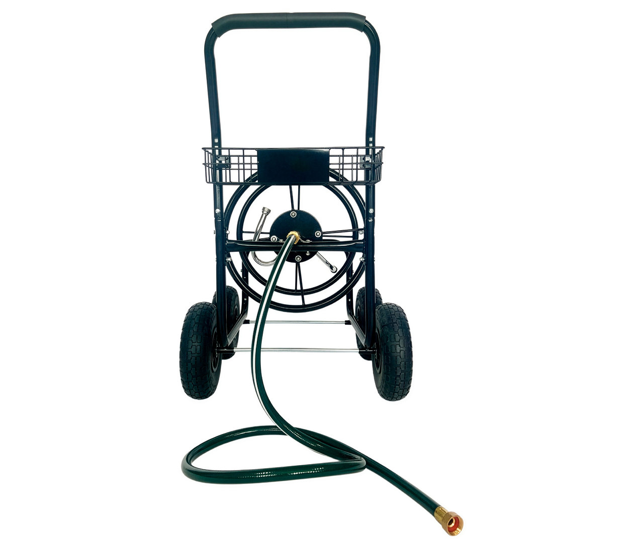 Schwarzer Schlauchwagen mit einem grünen Schlauch, der teilweise aufgerollt ist.