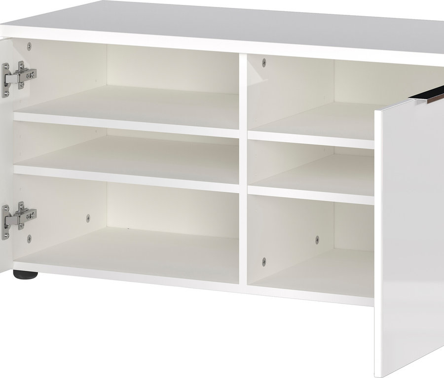 Weißer Schrank mit offenen Türen und sechs Fächern.