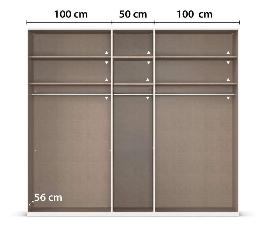 Drei miteinander verbundene Schränke mit Regalen und Kleiderstangen sind mit den Maßen 100 cm, 50 cm und 56 cm beschriftet.