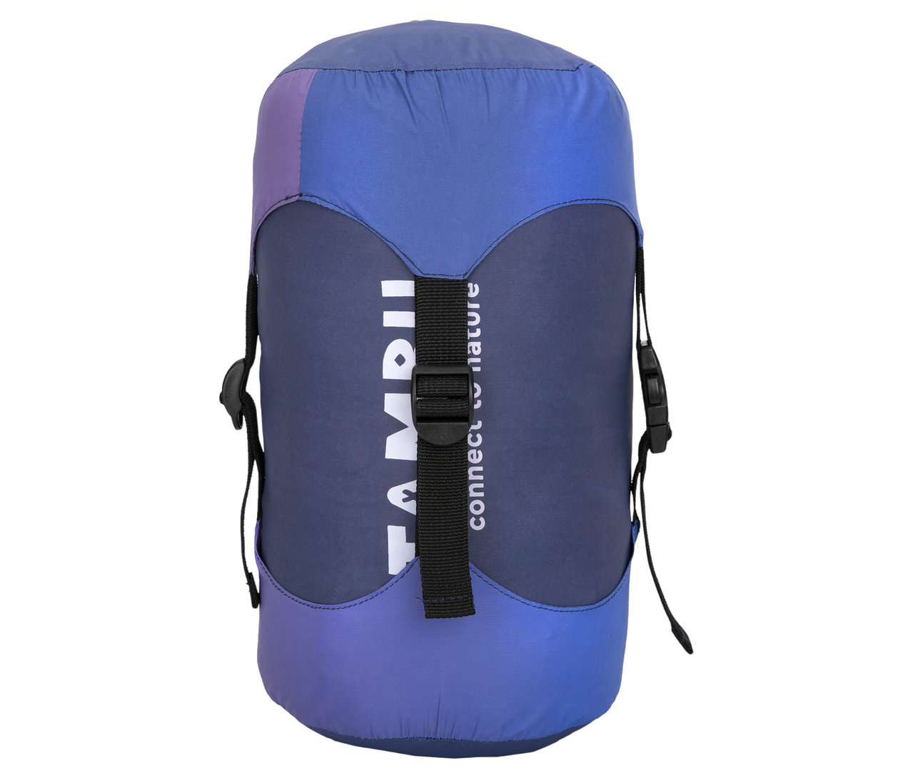 Eingepackter, blauer Tambu Mumienschlafsack »SANGU 600« mit schwarzem Gurt.