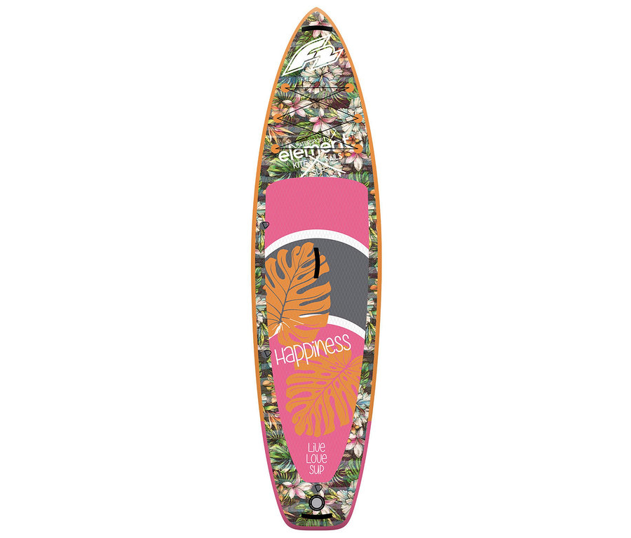 Das F2 SUP Board »Happiness« (Board only) mit Blumenmuster, Blättern und dem Schriftzug Happiness liegt auf dem Boden.