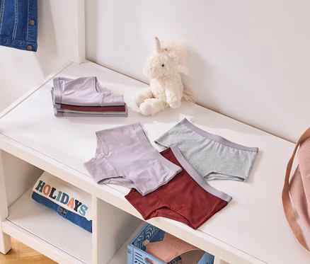 Auf einem Regal liegen gefaltete und ausgebreitete Unterhosen in Lila, Grau und Burgunderrot, neben einem Stoffeinhorn und einer rosafarbenen Tasche.