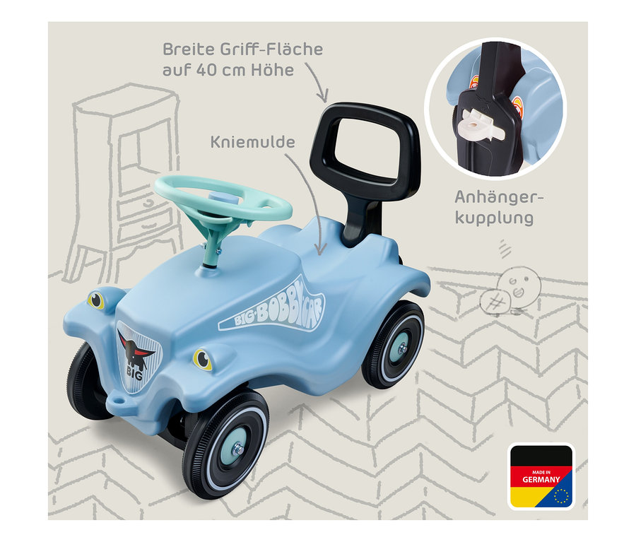 Blaues BIG Bobby Car Classic Bundle mit Walker, mit schwarzem Griff und hellblauem Lenkrad.