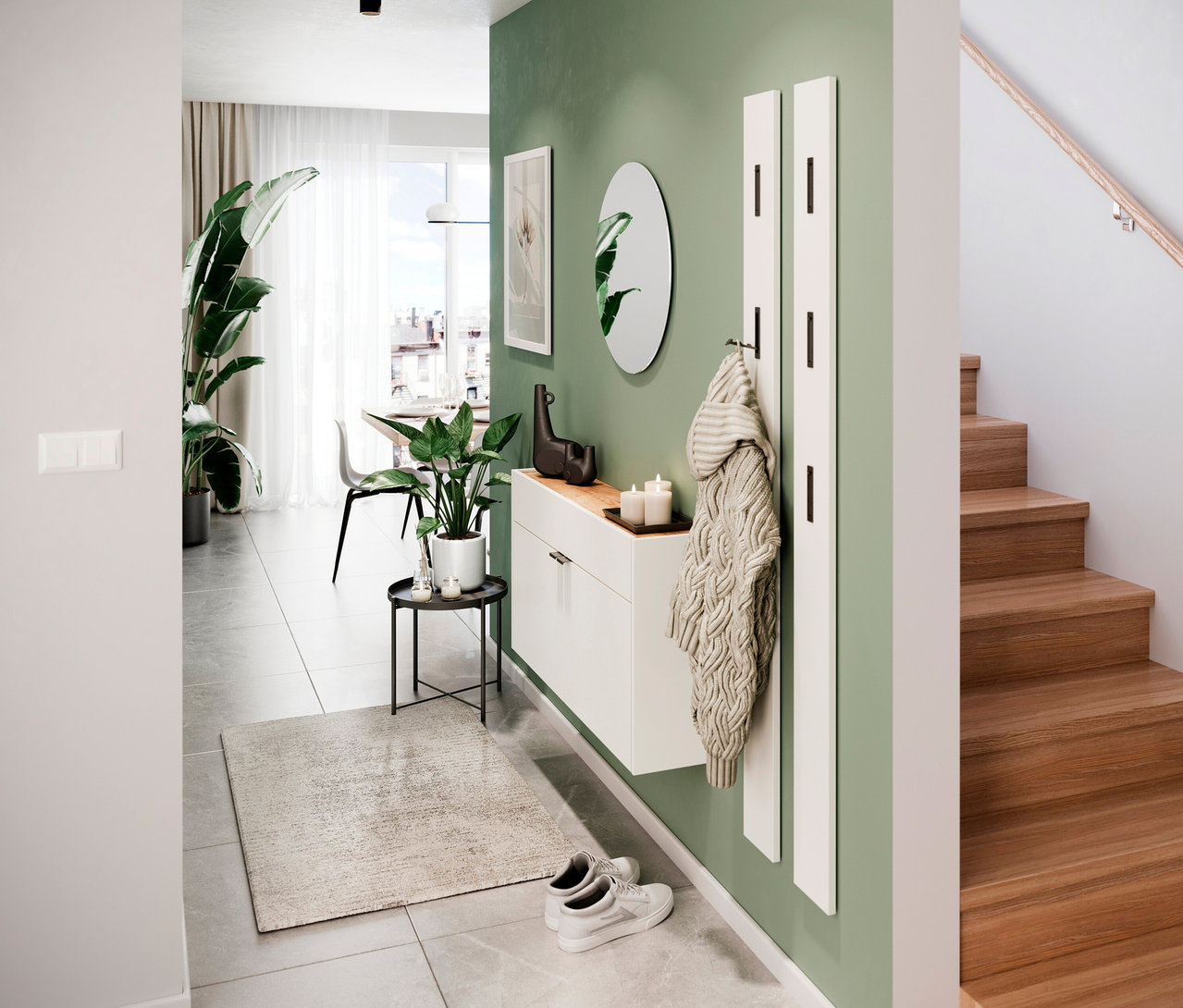 Flur mit weißem Mehrzweckschrank »Ameca« breit, Spiegel, Garderobe, Treppe und Deko.