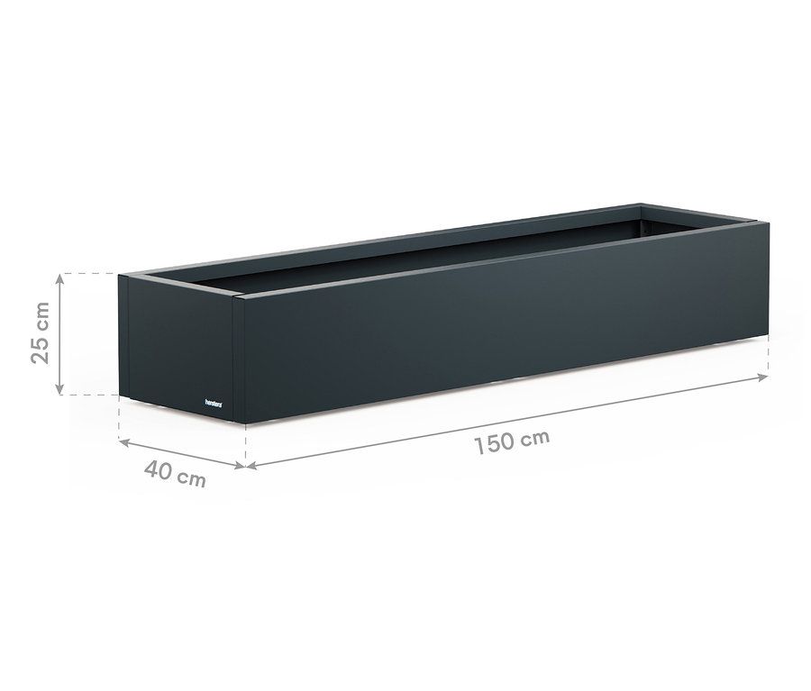 Abgebildet ist ein länglicher, anthrazitfarbener Pflanzkasten mit den Maßen 150 cm Länge, 40 cm Breite und 25 cm Höhe.