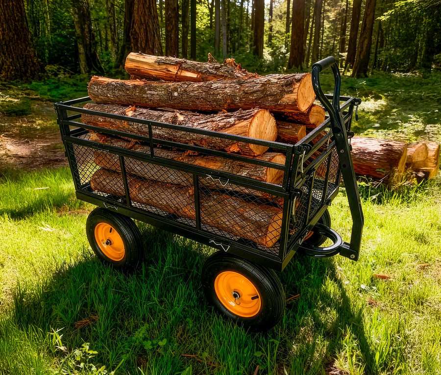 Ein schwarzer Gitterwagen mit orangen Rädern ist mit Holzscheiten beladen und steht auf einer grünen Wiese im Wald.