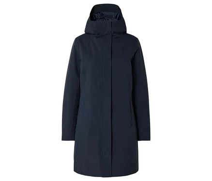 Dunkelblaue Regenjacke mit Kapuze, Frontansicht.