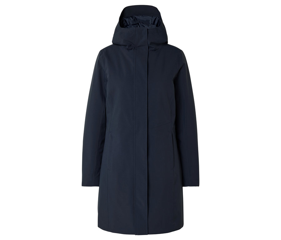 Dunkelblaue Regenjacke mit Kapuze, Frontansicht.