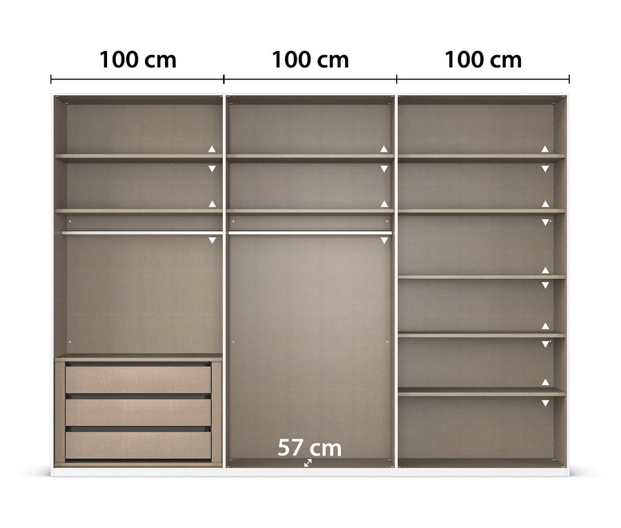 Drei beige Schrankelemente mit Regalböden und Schubladen, jeweils 100 cm breit und 57 cm tief.