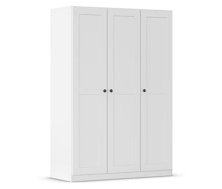 Weißer Kleiderschrank mit drei Türen und schwarzen runden Griffen.