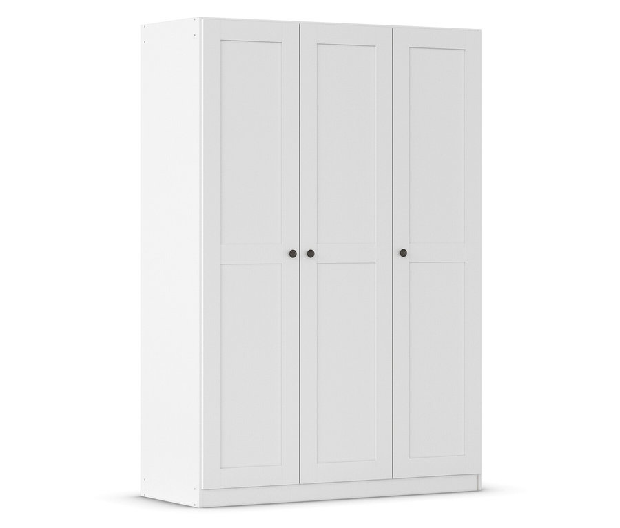 Weißer Kleiderschrank mit drei Türen und schwarzen runden Griffen.