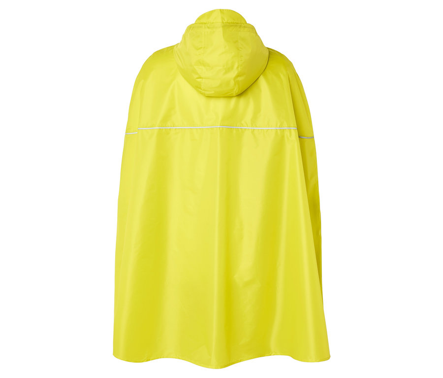 Rückansicht eines gelben Regenponchos mit Kapuze und einem reflektierenden Streifen.