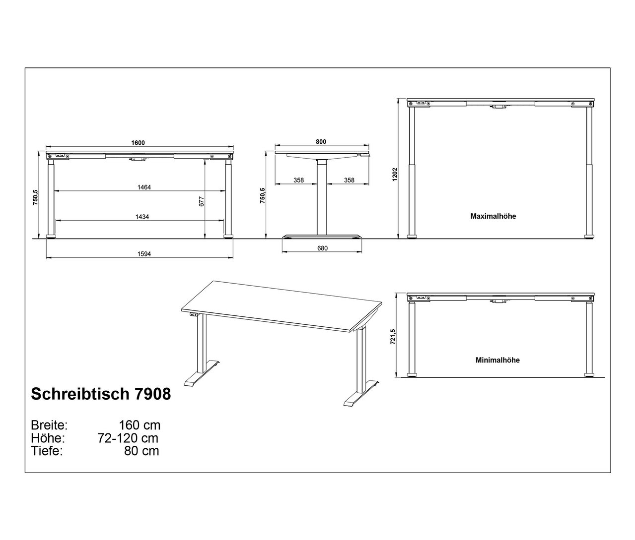 Technische Zeichnung des höhenverstellbaren Schreibtischs »Lissabon«, 160 cm, in Kaschmir/Schwarz mit Breiten-, Höhen- und Tiefenangaben.