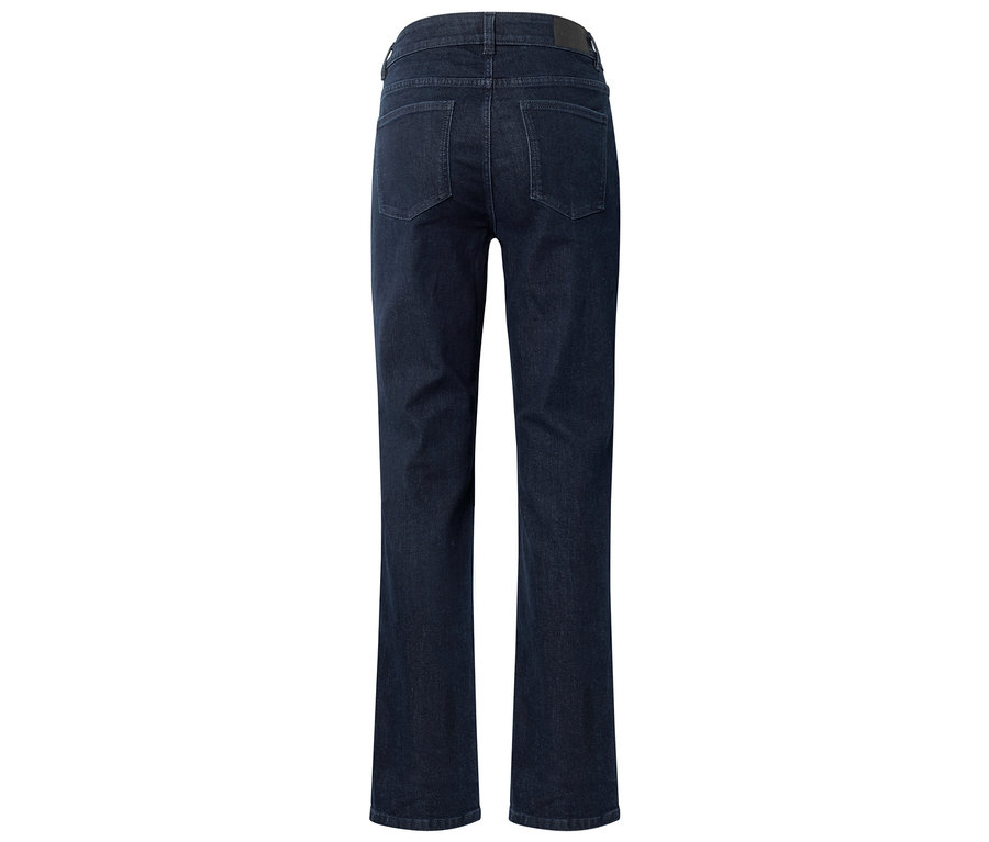 Rückansicht einer dunkelblauen Jeans mit geradem Bein auf weißem Hintergrund.